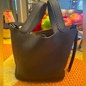 HERMES Picotin PM Small Black Leather Tote Bag Handbag w/ Strap & Buckle